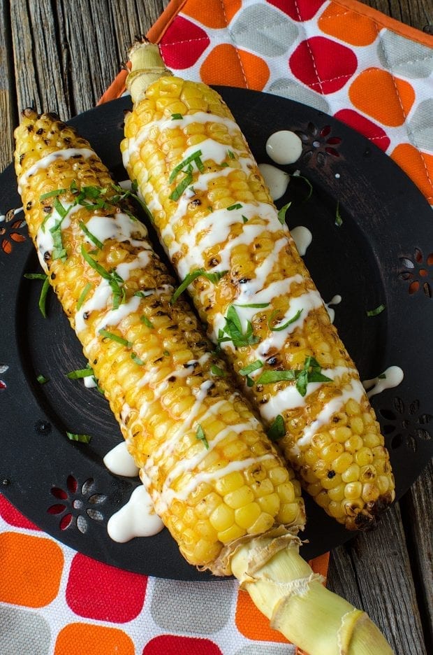 Grilled Buffalo Corn with Ranch Drizzle