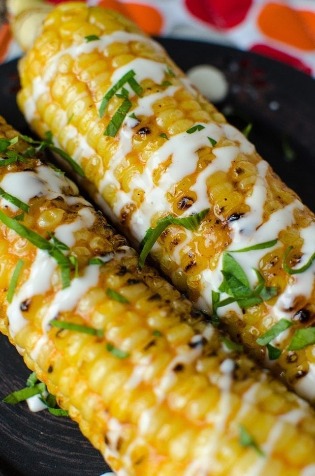 Grilled Buffalo Corn with Ranch Drizzle