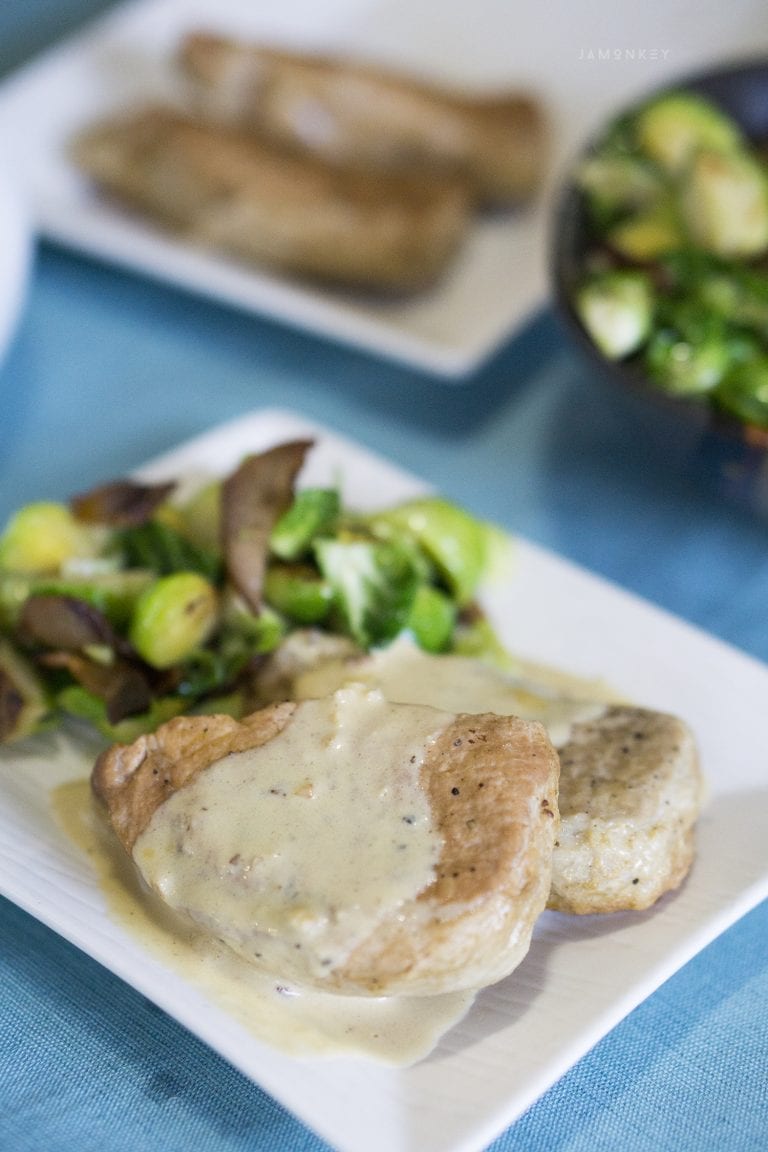 Instant Pot Pork Chops with Mustard Cream Sauce and Smoky Bacon Brussel Sprouts VIDEO