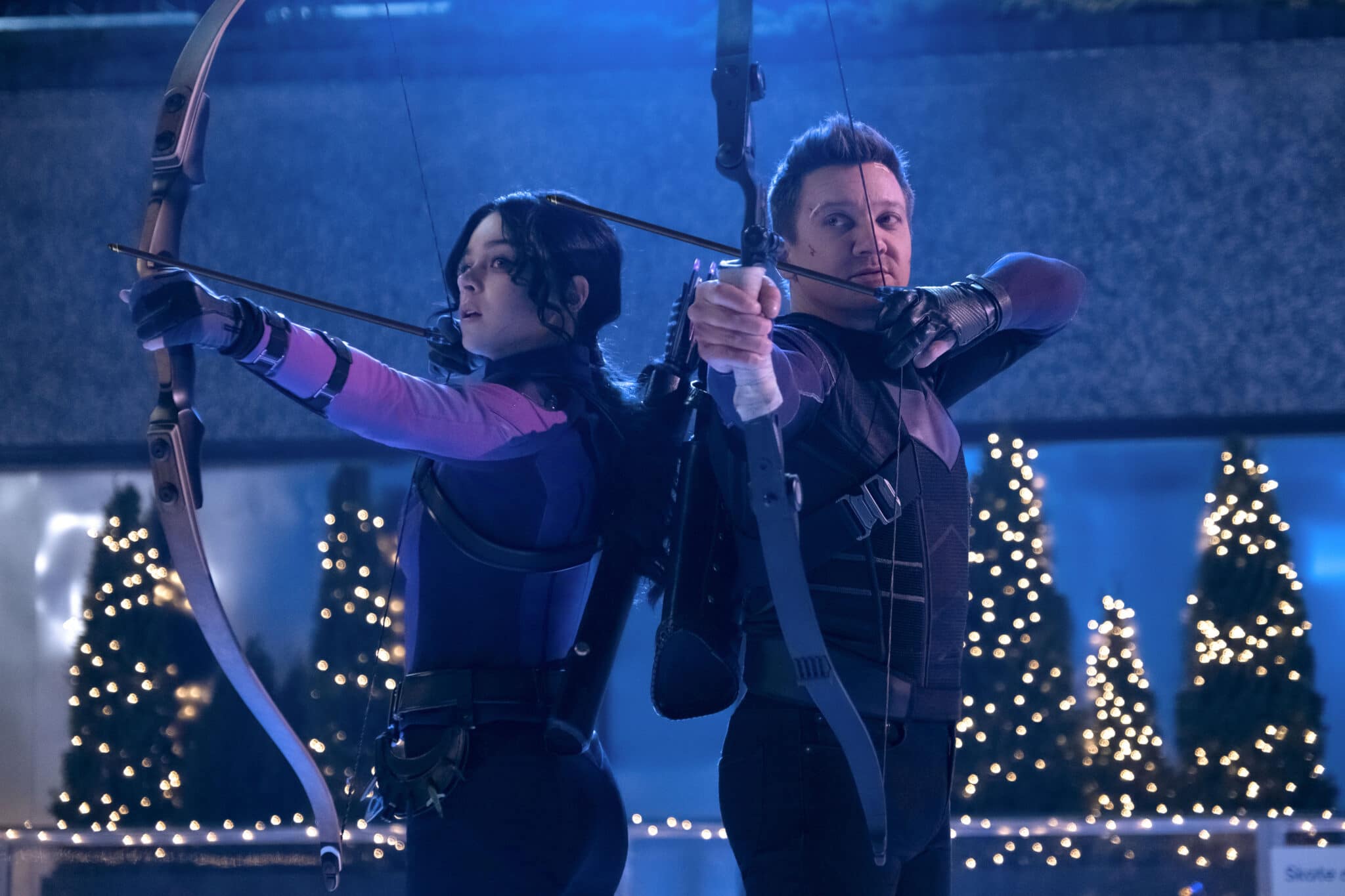 Hailee Steinfeld as Kate Bishop and Jeremy Renner as Clint Barton/Hawkeye